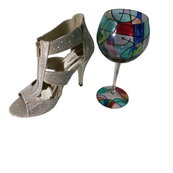 Gold Rhinestone Pumps Size 9M, Rhinestone Sparkle Open Toe Heels, Peep Toe Heels - Picture 10 of 13